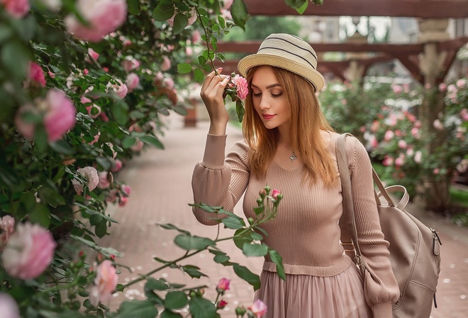 Girl, pink, dress, hat, mood, rose, Bush, garden, backpack, Christina Kardava