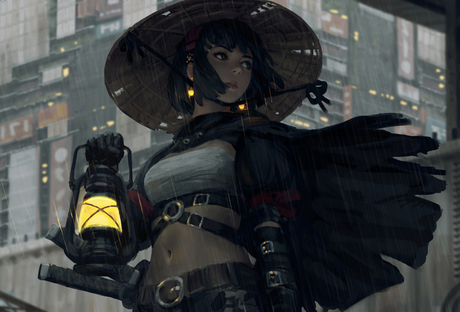 GUWEIZ, samurai, women, warrior, fantasy girl, fan art, drawing, artwork, lamp