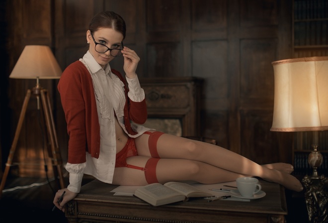 women, lamp, women indoors, sitting, books, pen, belly, pierced navel, red sweater, women with glasses, red panties, garter belt, cup