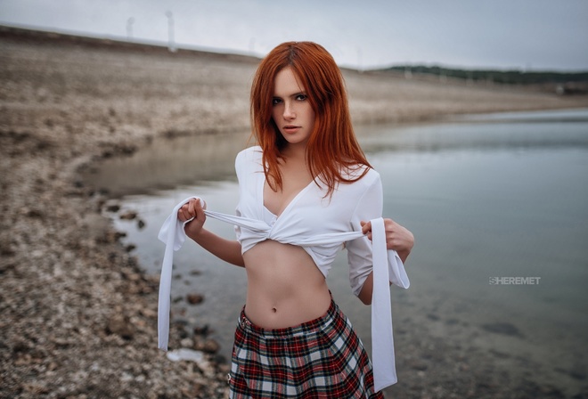 women, redhead, belly, water, women outdoors, skirt, plaid skirt, Ivan Sheremet, freckles