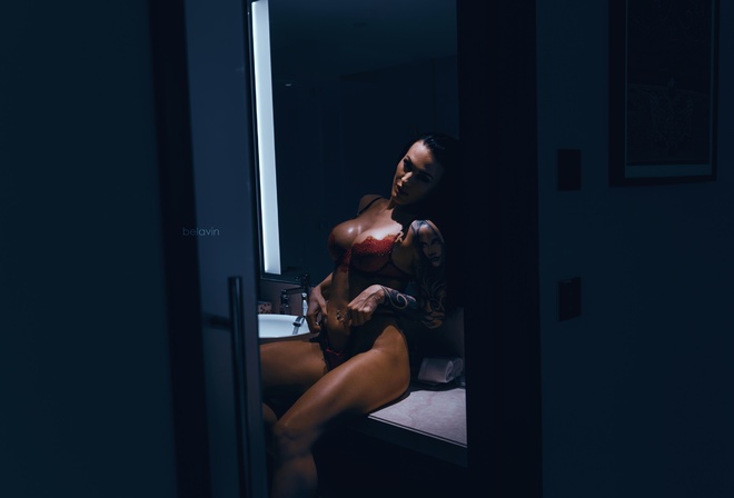 women, sitting, belly, pierced navel, mirror, bathroom, women indoors, tattoo, brunette, Alexander Belavin