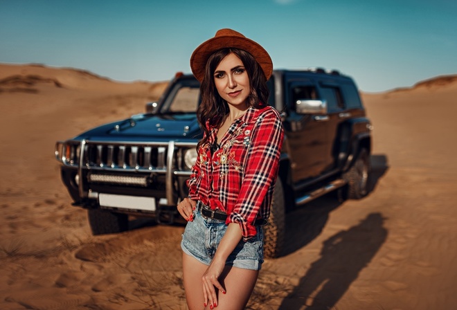 women, hat, women outdoors, sky, clouds, car, desert, plaid shirt, jean shorts, women with cars, smiling, red nails, belt