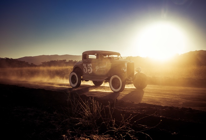 hot rod, Ford Model A, 1927, american cars, evening, sunset, fog, retro