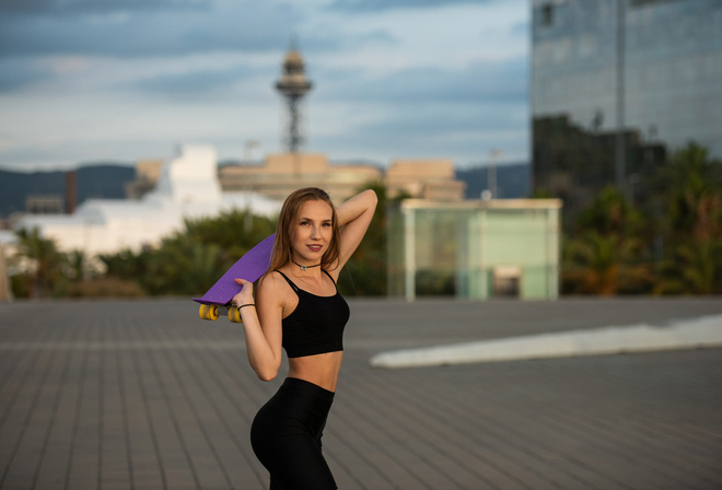 women, smiling, women outdoors, skateboard, brunette, black clothing, sportswear, blonde, belly