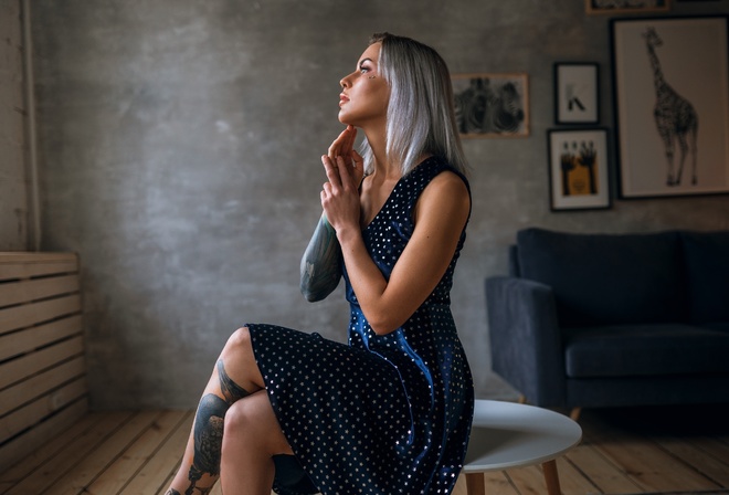 women, blue dress, brunette, tattoo, wooden floor, women indoors, sitting, nose ring, blue couch, gray eyes, dyed hair, profile