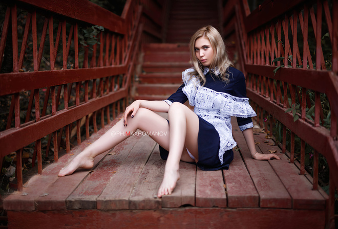 women, Maksim Romanov, blonde, sitting, wood, women outdoors, blue dress, white panties, painted nails, stairs