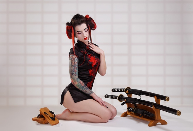 women, kneeling, katana, sword, ass, sandals, tattoo, dyed hair, Studio, red lipstick, women indoors, closed eyes, black nails, make up, kimono, hairbun