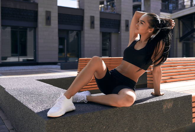 women, sportswear, brunette, exercise, women outdoors, black clothing, belly, pierced navel, sneakers, long hair, bench, ponytail, Black top, looking away