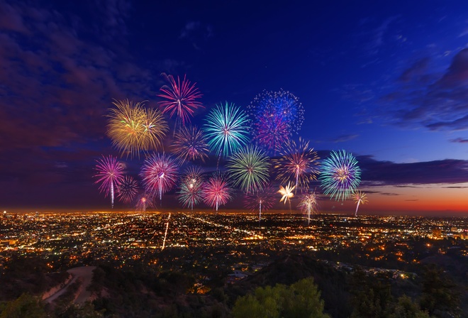 Los Angeles, Grand Park, fireworks, 4th of July, Independence Day, night, Los Angeles cityscape, California