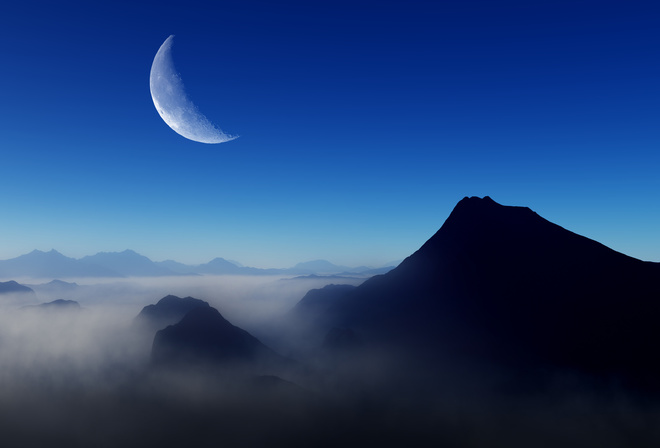 Blue, Morning, Moon, Nature