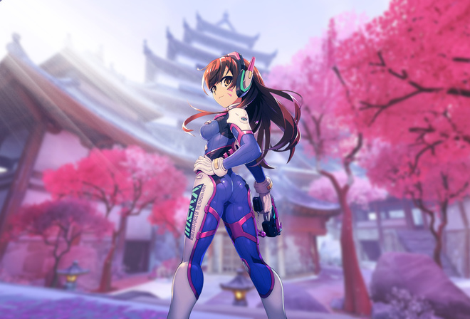 game, girl, ass, latex, Overwatch, cherry, blossom, d.va, headphones, anime