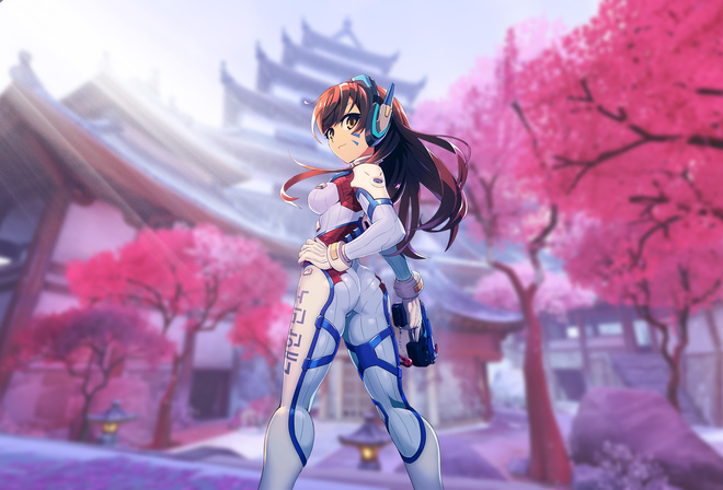 game, girl, ass, latex, Overwatch, cherry, blossom, d.va, headphones, anime, White