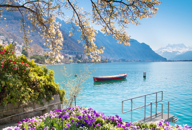 Lake Geneva, Montreux, Alps, morning, beautiful lake, flowers, mountain landscape, Montreux cityscape, Switzerland