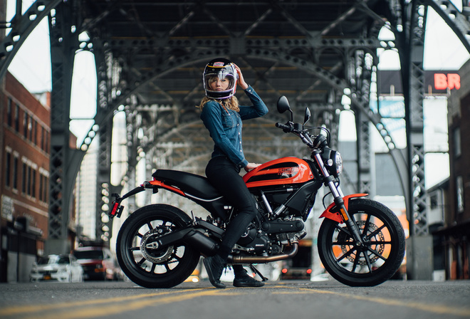 motorcycle, ducati, sexy, road, girl, women, city, bridge, blonde, model, jeans, scrambler