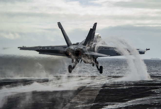 Boeing FA-18E Super Hornet, american carrier-based bomber, United States Navy, taking off from aircraft carrier deck, F-18