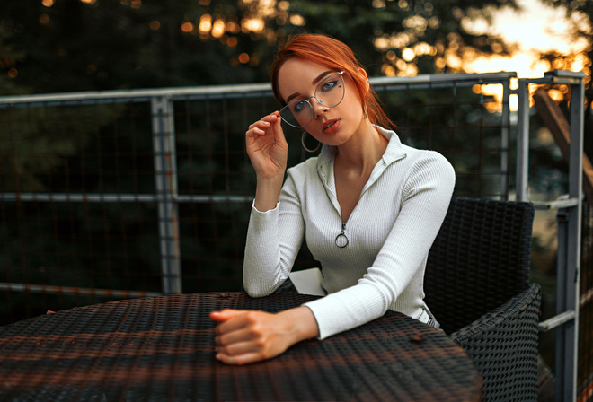 women, redhead, chair, table, women outdoors, hoop earrings, sitting, portrait, women with glasses, glasses