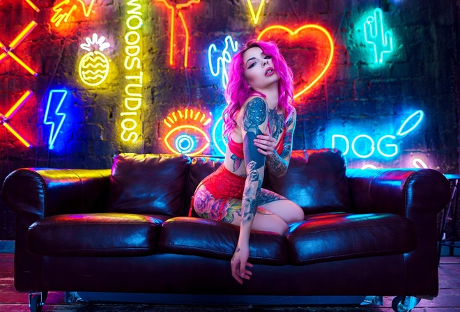 women, dyed hair, red lingerie, neon, women indoors, garter belt, tattoo, nose ring, wall, couch, pink hair, kneeling, ass, eyeliner, wooden floor