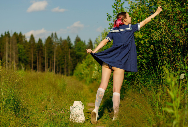 women, pigtails, dyed hair, blue dress, handbags, ass, panties, women outdoors, trees, tattoo, white stockings, sky, clouds, shoes