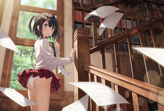 girl, sexi, women, brunette, miniskirt, colors, perfect, library, anime, panties, school, stairs, window, cute, beautiful, pretty