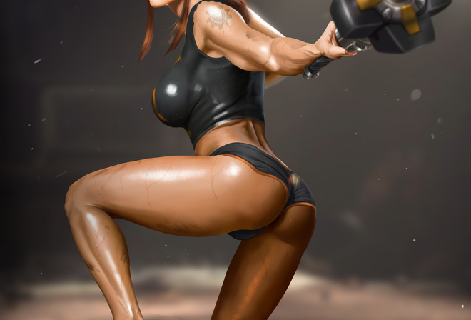 brigitte, Overwatch, game, girl, heroes, sexy, Shorts, gun, woman