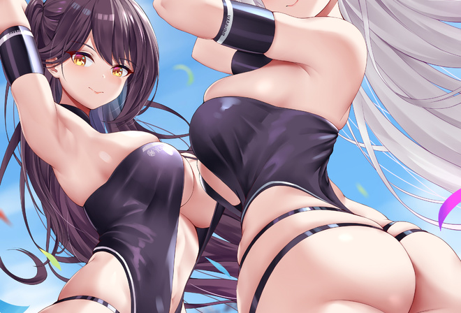 azur lane, ass, girls, sexy, no bra, anime, skirt, stockings, blonde, brunette