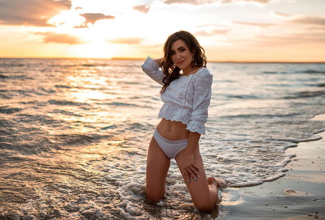 women, brunette, sunset, beach, sea, women outdoors, smiling, belly, pierced navel, white clothing, kneeling