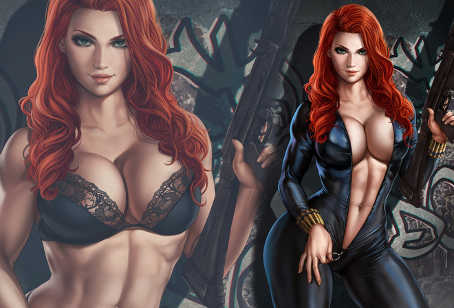 black widow, marvel, girl, sexy, anime, redhead, weapons, hot, women, woman, bra, panties, lingerie