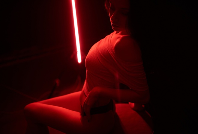 women, sitting, ass, lights, black panties, red light