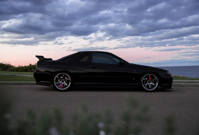 nissan skyline, r34, road, car, black car, nature