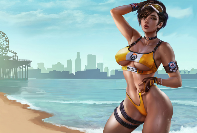 tracer, anime, art, digital art, game, bikini, beautiful, girl, cute, overwatch, gta