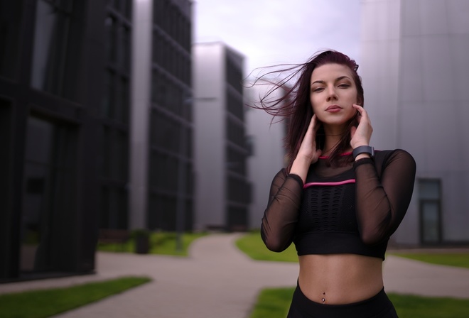 women, belly, pierced navel, portrait, building, black clothing, Ivan Lebedev