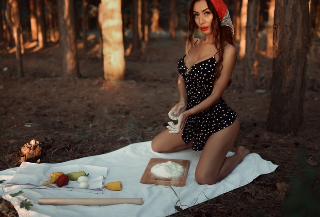 women, brunette, kneeling, women outdoors, black dress, Pepper, corn, flour, eggs, red lipstick, trees, rolling pin, eyeliner, polka dots