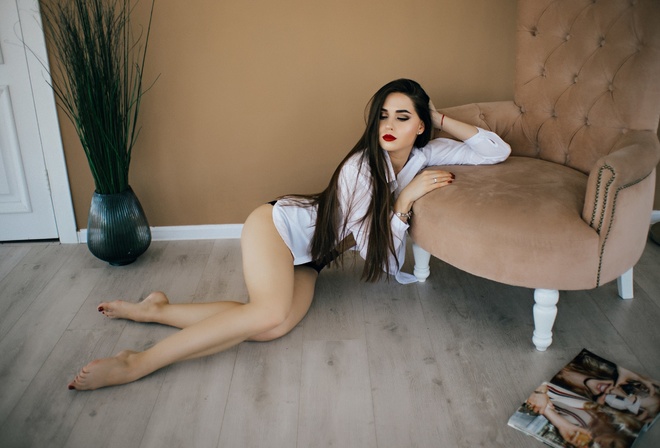 women, on the floor, ass, red lipstick, armchair, magazine, long hair, red nails, white shirt, black panties, door, wall, women indoors