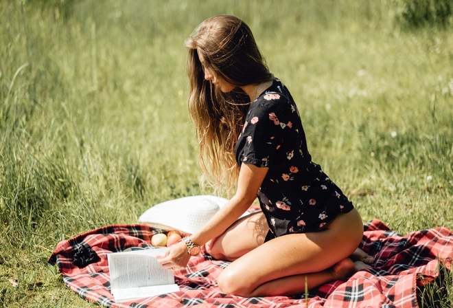 women, dress, ass, brunette, books, long hair, kneeling, women outdoors, watch, black dress