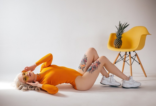 women, Studio, sneakers, blonde, chair, pineapple, tattoo, glasses, bodysuit, leotard, on the floor