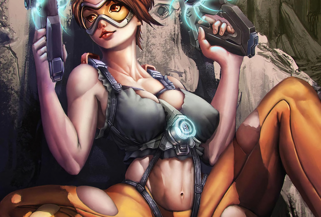 tracer, overwatch, game, girl, anime, brunette