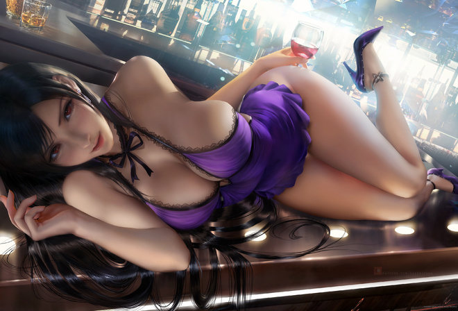 tifa, final fantasy, game girl, brunette, cleavage dress, bar, anime, boobs, high heels