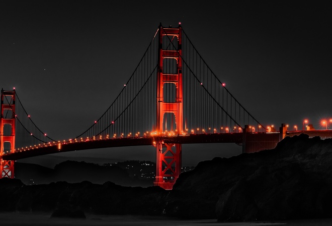 Golden Gate, Bridge, Night, Monochrome, Dark, background, Illuminated, San Francisco