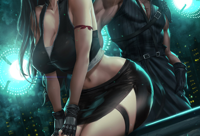 Tifa Lockhart, Final Fantasy, game, game girls, miniskirt, legs, boobs, long hair, panties, suspenders, men, sword, tifa