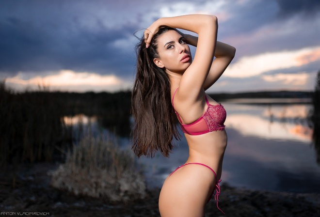 women, Anton Vladimirovich, lingerie, black stockings, women outdoors, ribs, water, reflection, sky, clouds, nose ring, ass