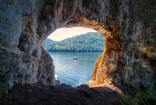 Mountains, Window, Rocks, Sea