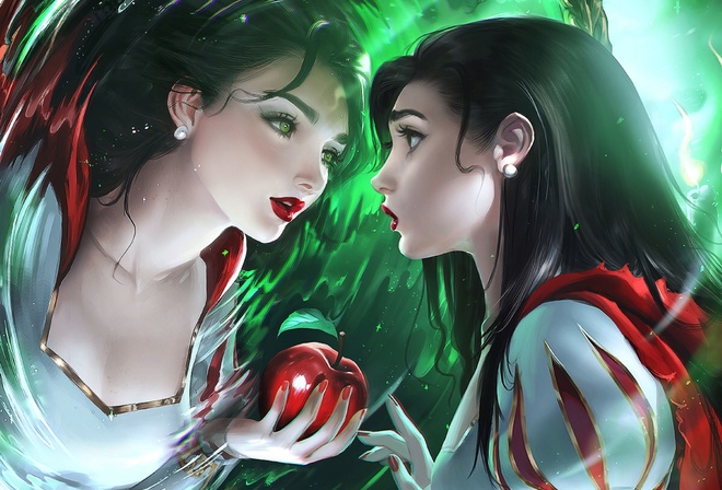 snow White, disney, anime, tale, childish story, apple, mirror, reflection, anime girl, magic mirror