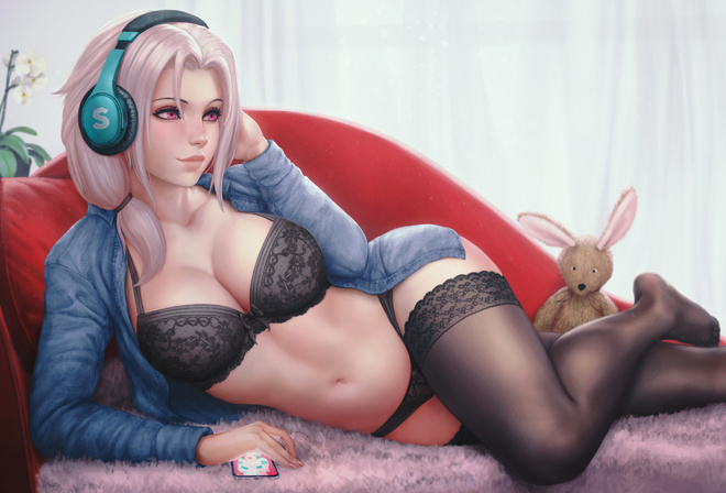 anime girl, couch, beautiful anime, lingerie, black lingerie, window, stuffed rabbit, headphones, pink eyes, panties, bra, chloe, sciamano240