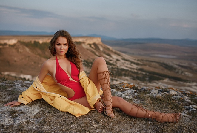 women, sitting, mountains, women outdoors, Georgy Chernyadyev, swimwear, hoop earrings