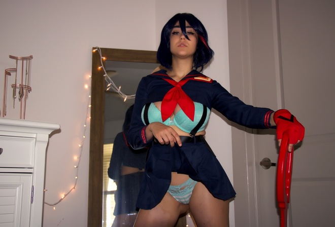 Sabrina Nichole, Ryuko Matoi, cosplay, model, brunette, sword, room, door, mirror, boobs, ass, skirt, kill la kill, blue panties, lingerie