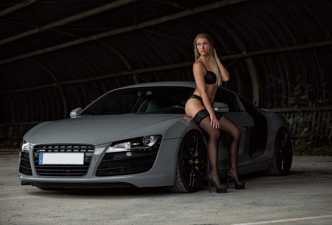 women, blonde, car, high heels, black lingerie, brunette, belly, ass, looking away, women with cars