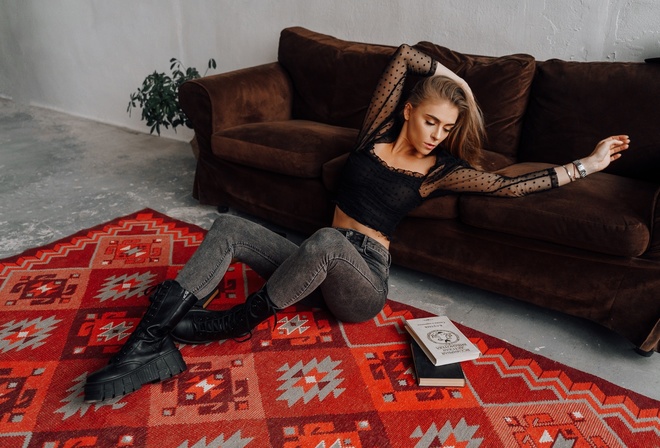 women, couch, women indoors, brunette, sitting, shoes, books, watch, polka dots, pants, closed eyes