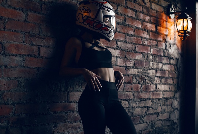 brunette, helmet, model, wall, lamp, belly, belly button, pants, top