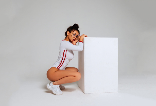 Svetlana Ivanova, model, brunette, simple background, leotard, white leotard, glasses, sneakers, nike, ass