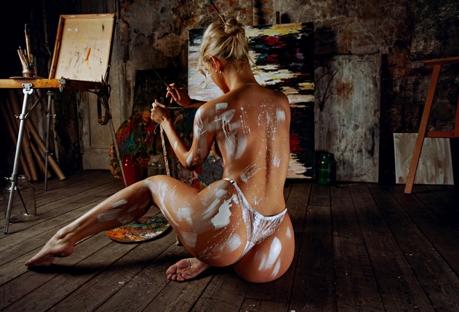 women, ass, white panties, wooden floor, hairbun, brush, topless, back, body paint, boobs, sitting, picture, women indoors, easel